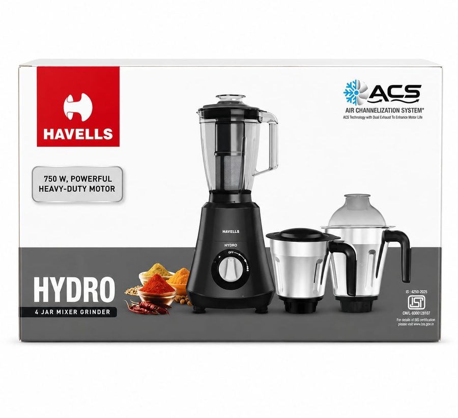 Havells Hydro 4 Jar Mixer Grinder Black